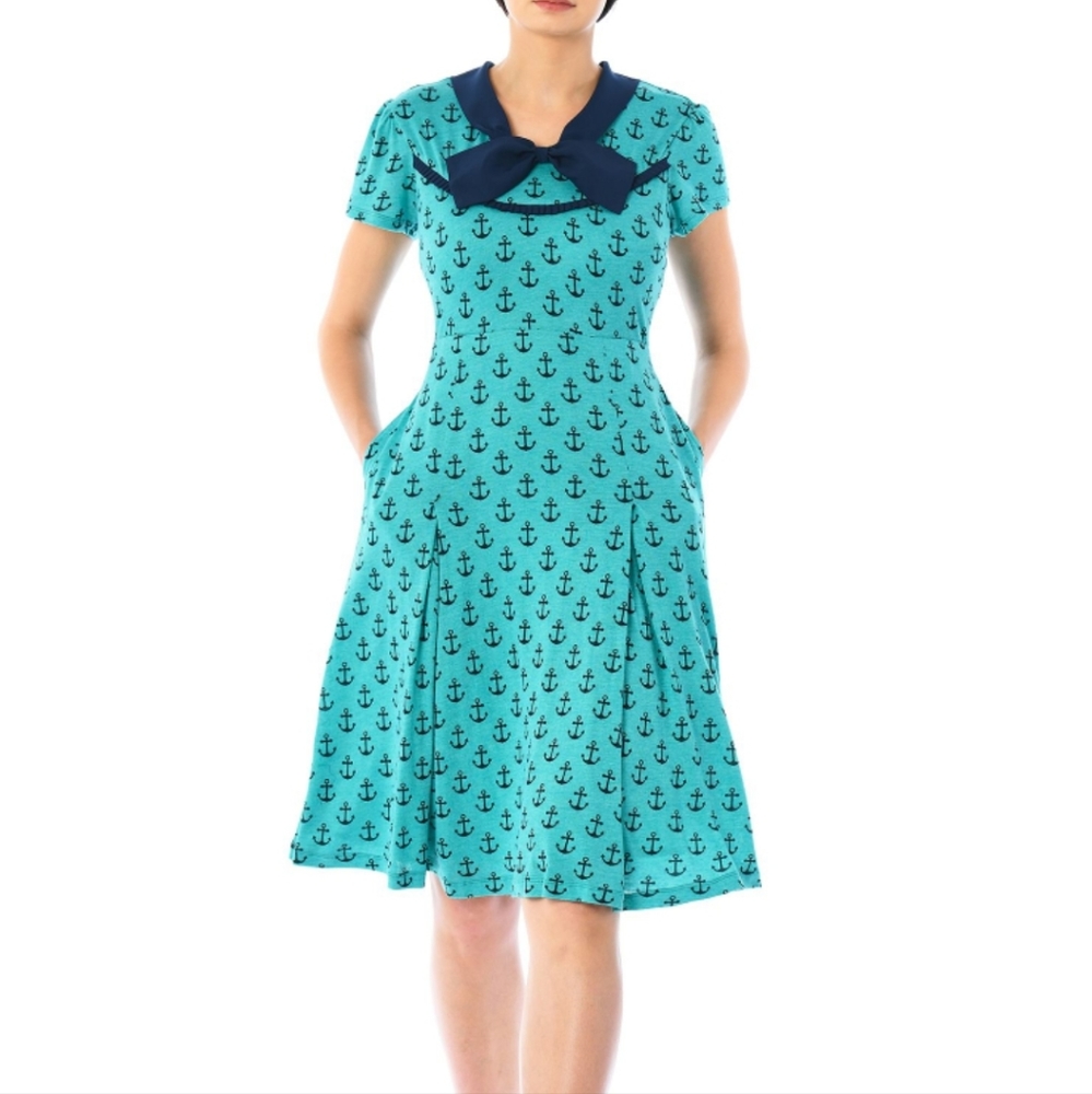Eshakti Bow Tie Anchor Print Cotton Knit Dress Size 12 Blue